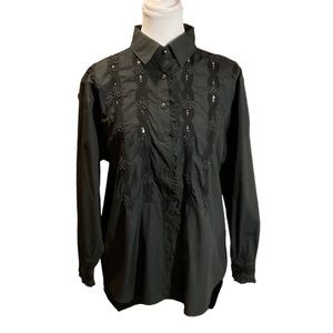 Char Beaded & Embroidered Ruffle Button Up Blouse Womens S